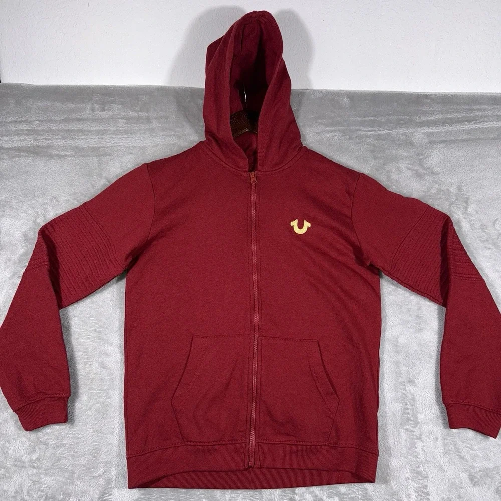 True Religion Hoodie Mens Large Maroon Full Zip Logo‎ Brand Jeans Sweatshirt